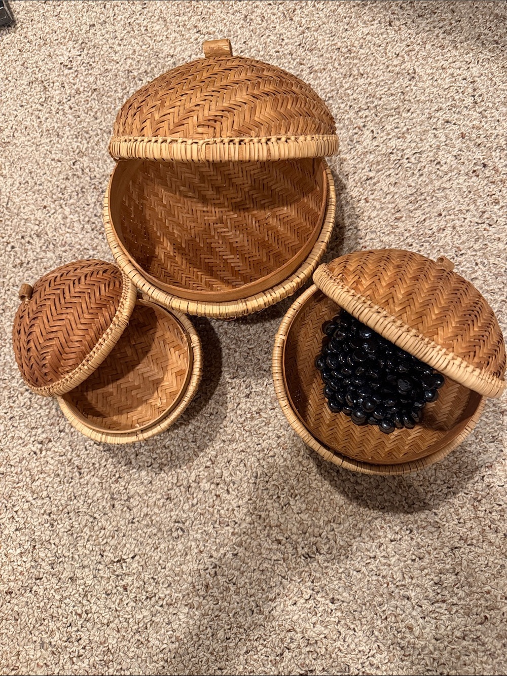 Woven Rattan Lidded Baskets Set by 3 - Natural Brown with glass black beads